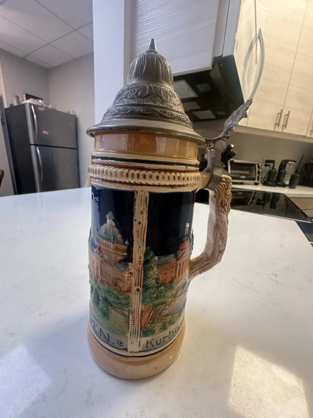 German Ceramic Beer Stein with Pewter Lid - Blue and Tan